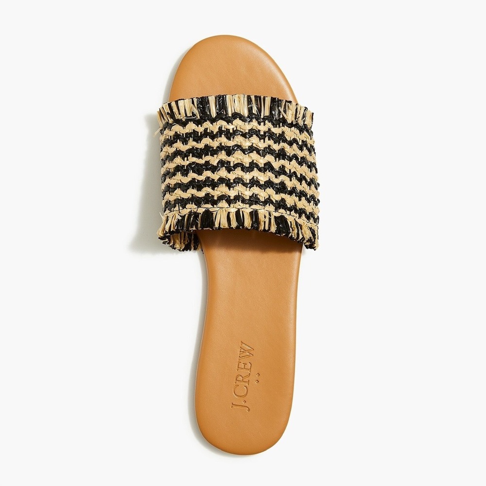 J.Crew Woven Raffia Slide Sandals Black Tan Chevron Fringed Flat Slides Size 9